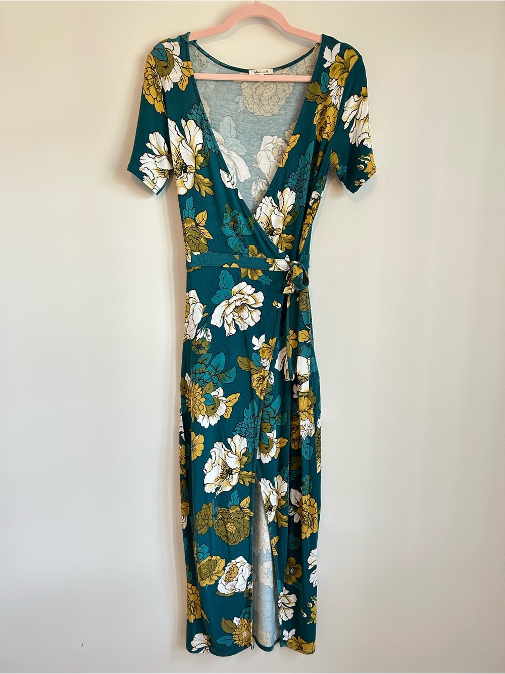 bleuh ciel Teal Floral Maxi Wrap Dress with White & Mustard Blossoms